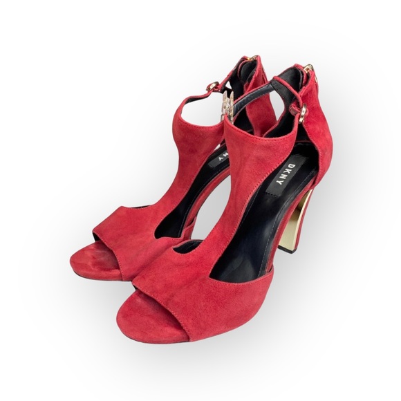 DKNY ༄ Colby T-Strap Platforms Heels Sandals༄ Red Suede Gold Detail ༄ 38 7.5M 8M - Picture 6 of 16